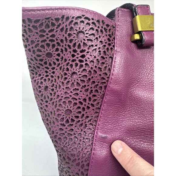 ELLIOTT LUCCA Purple Plum Lazer Pattern Cut Leather Carryall Tote Large - Picture 6 of 13